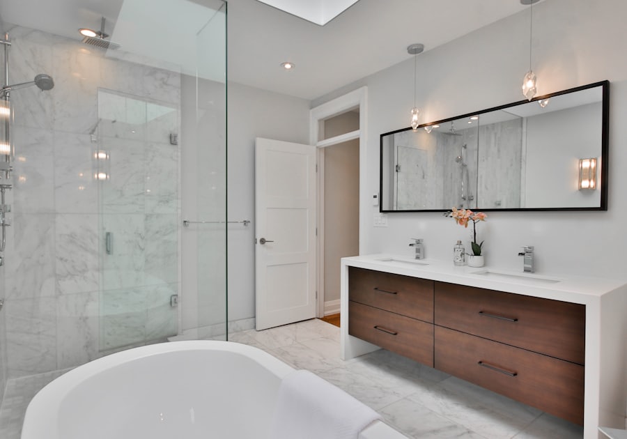 Modern bathroom with freestanding tub beside a walk-in shower