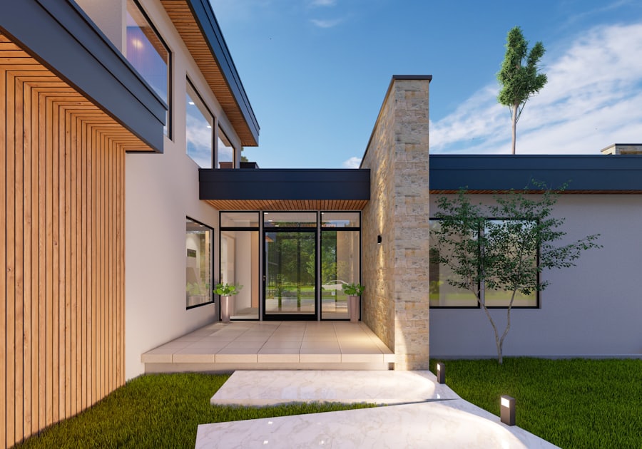 Modern custom home exterior with a large front yard