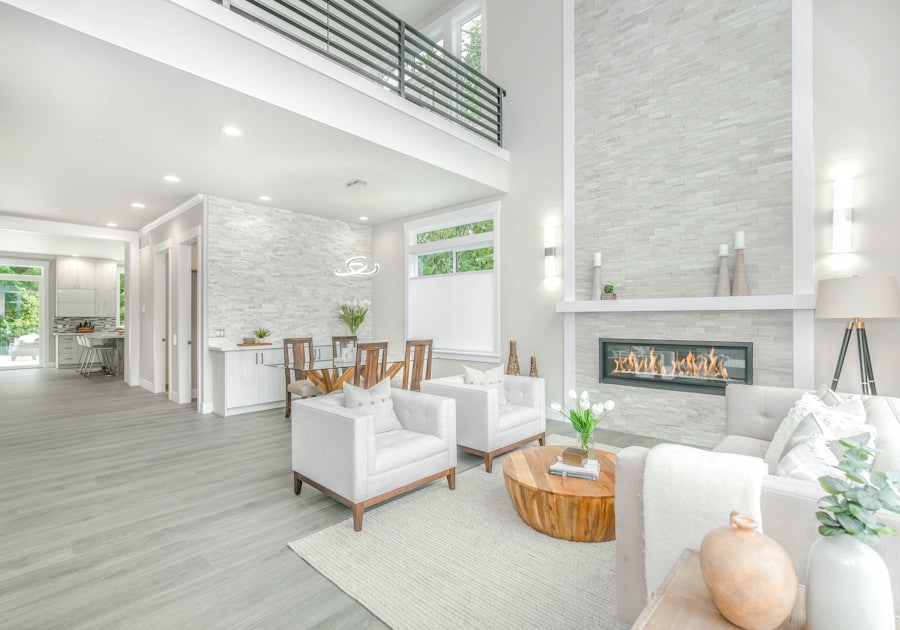 Open-plan remodeled living room in neutral tones